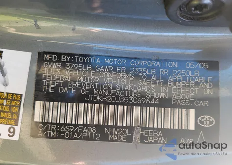 2005 Toyota Prius from USA, damaged, VIN JTDKB20U353069644